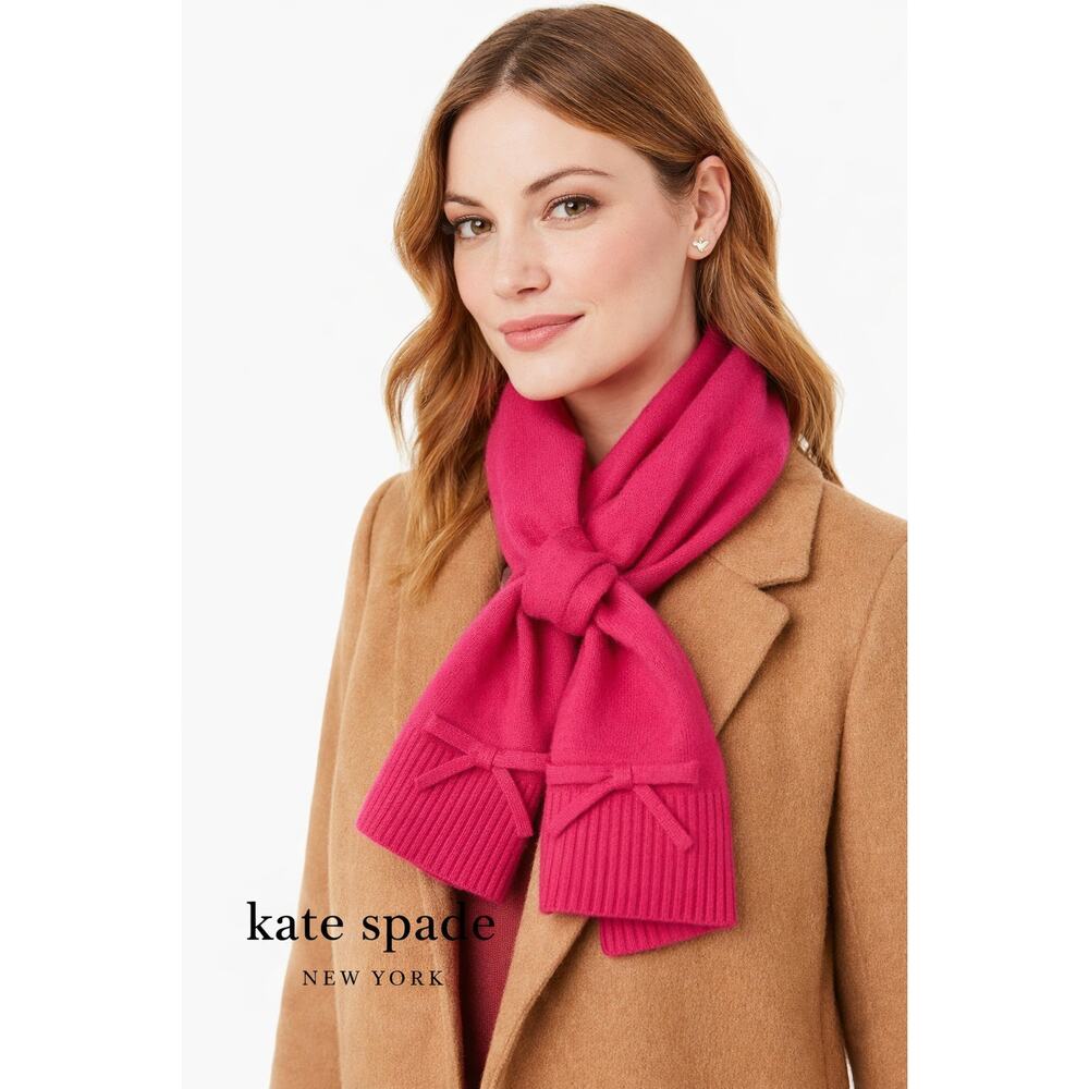 Kate Spade 100% Wool Pink Ribbed Bow Scarf Designer Winter Accessory